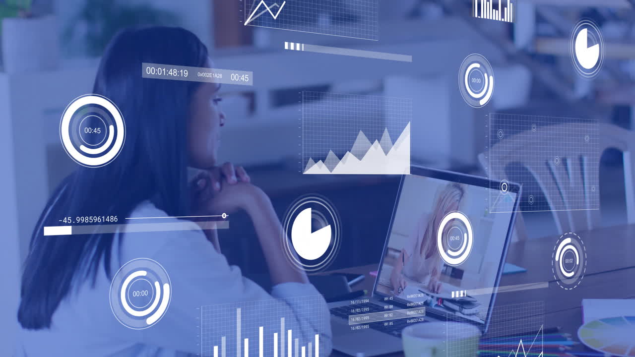 animación de procesamiento de datos y diagramas sobre diversos colegas que tienen una llamada de video
