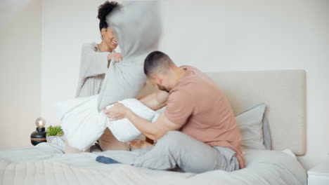 happy, bed and family with pillow fight