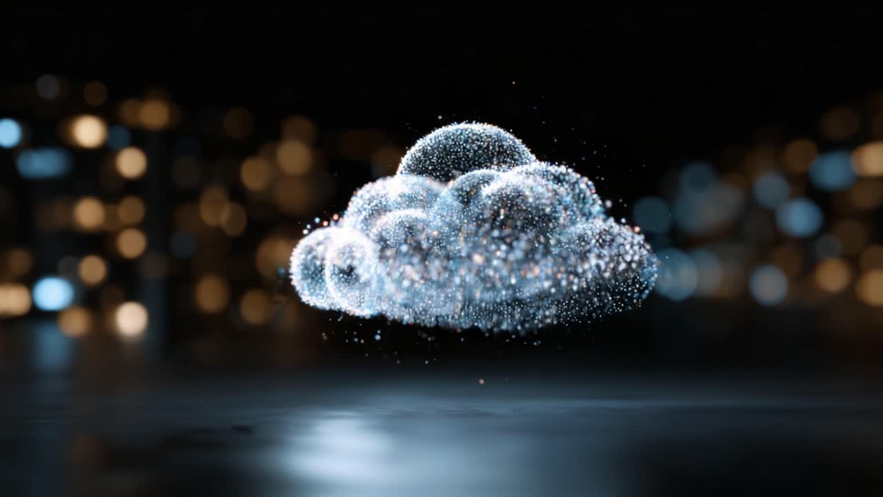 A mesmerizing digital cloud formation illuminated with sparkling particles against a blurred background, creating an ethereal and futuristic atmosphere
