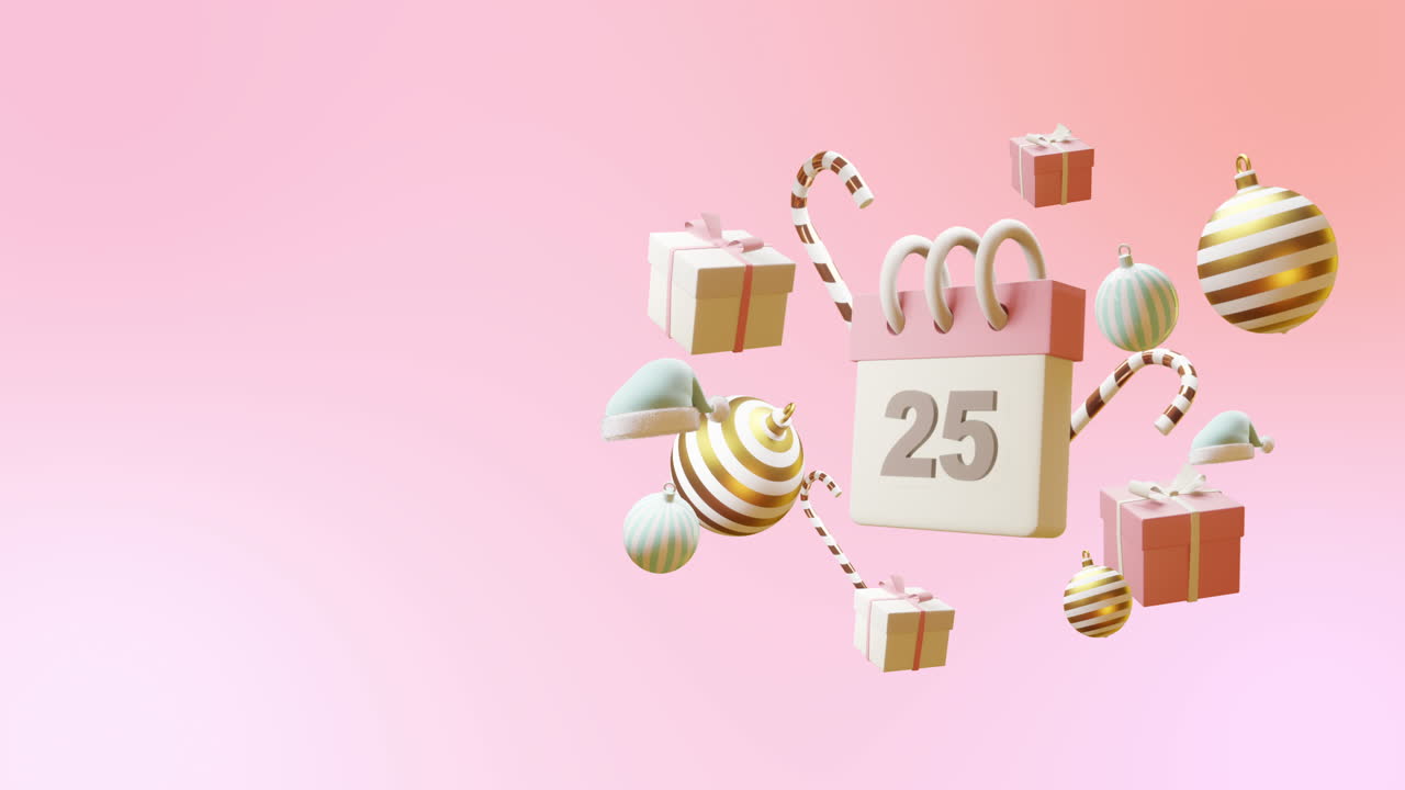 animación del calendario con el número 25 y decoraciones de navidad sobre fondo rosa