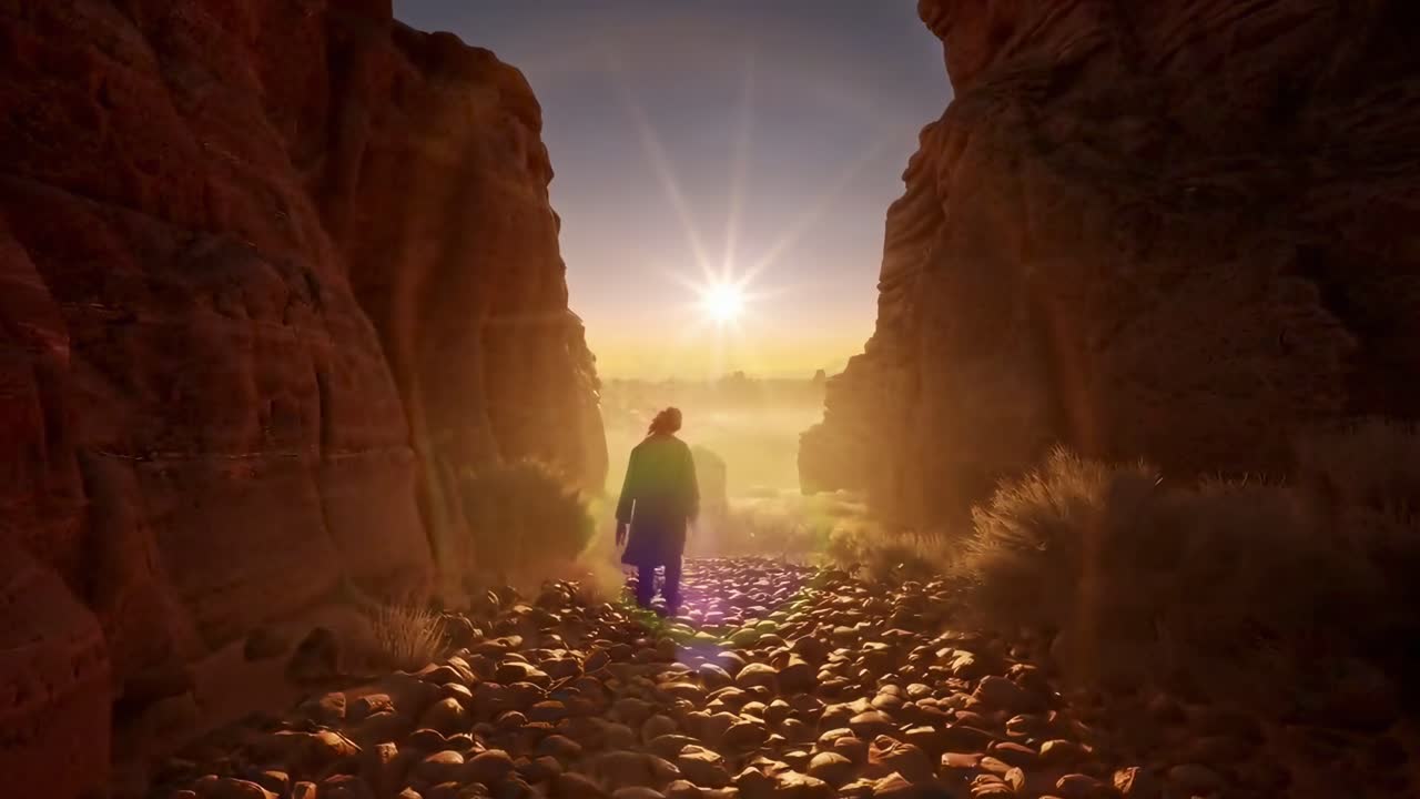 Silhouette of a person walking through a canyon at sunrise, captured from a low angle, cinematic