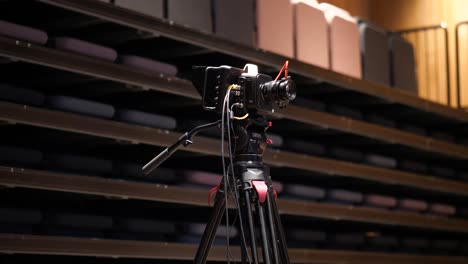 Professional cinema camera on a cinema tripod with gear connected ready to film