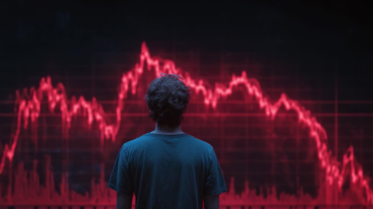 Analyzing Market Trends: A Person Observing a Red Downward Graph Indicating Financial Declines and Economic Challenges in a Digital Environment
