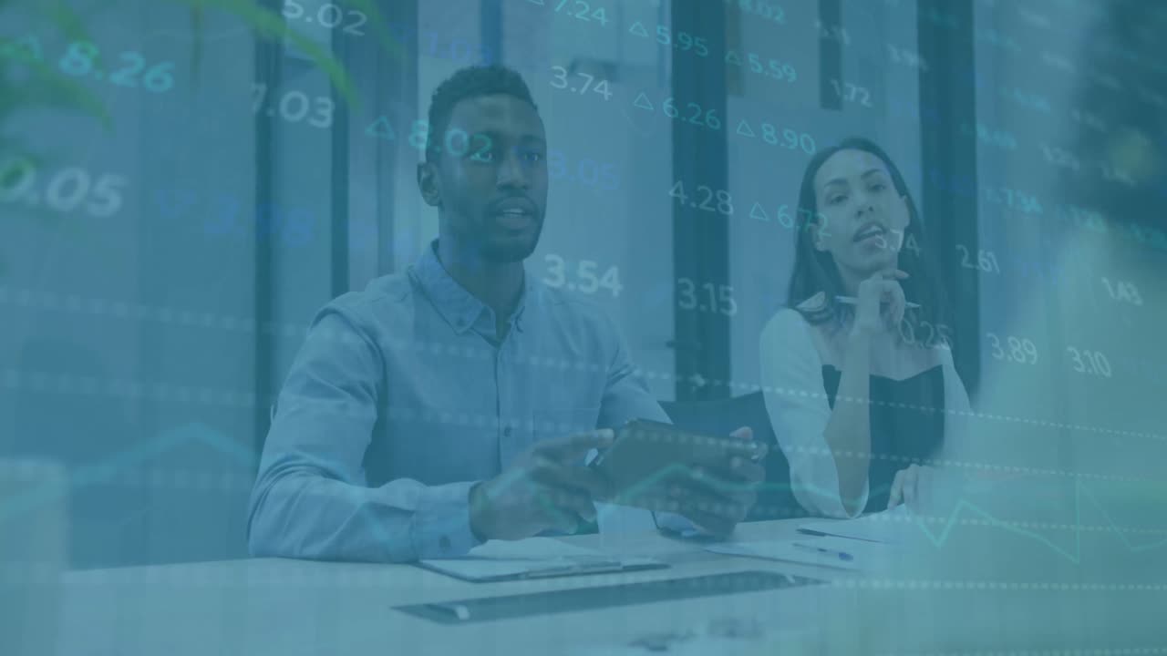 Animation of financial data processing over diverse business people at meeting