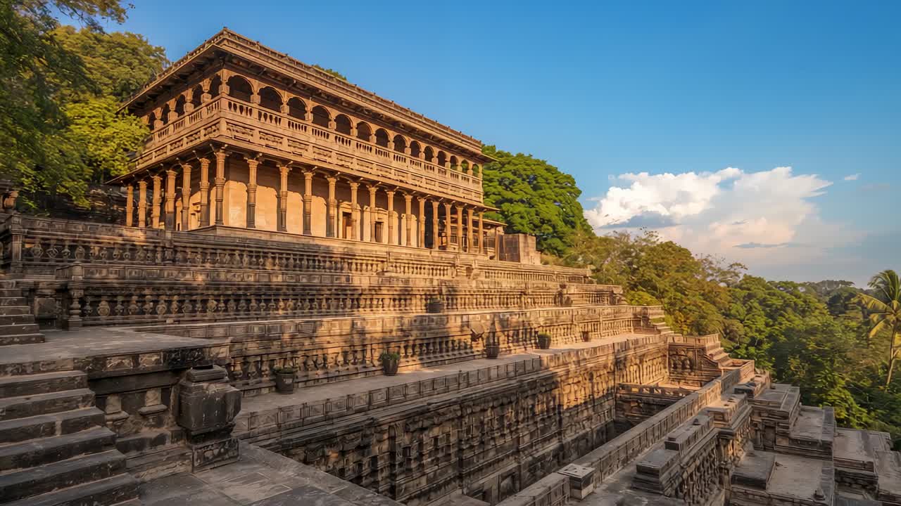 Lowering sun casting shadows on tiered stone staircases at forest edge, revealing ornate balconies