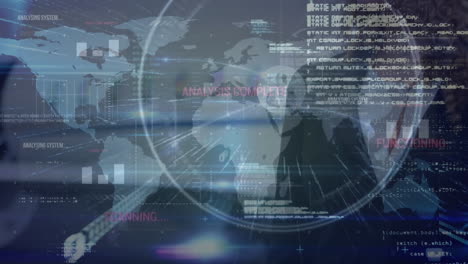 animation of map, profile icons, computer language, caucasian woman standing against private jet