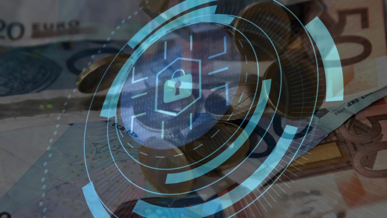 Coin stack appearing, blue HUD forming with padlock icon rotating over Euro notes to show security