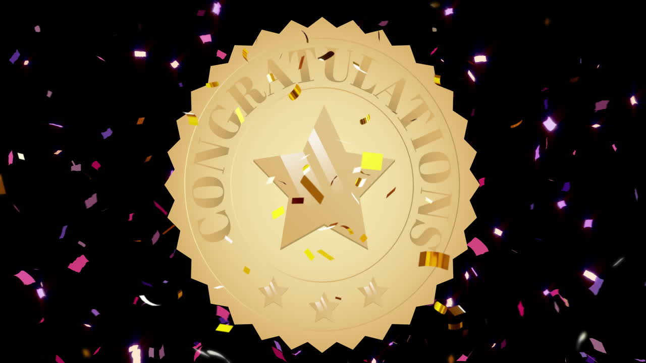 흑색 바탕에 금메달과 떨어지는 콘페티에 대한 축하 문서의 애니메이션