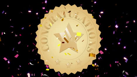 animation of congratulations text on gold medal and falling confetti on black background