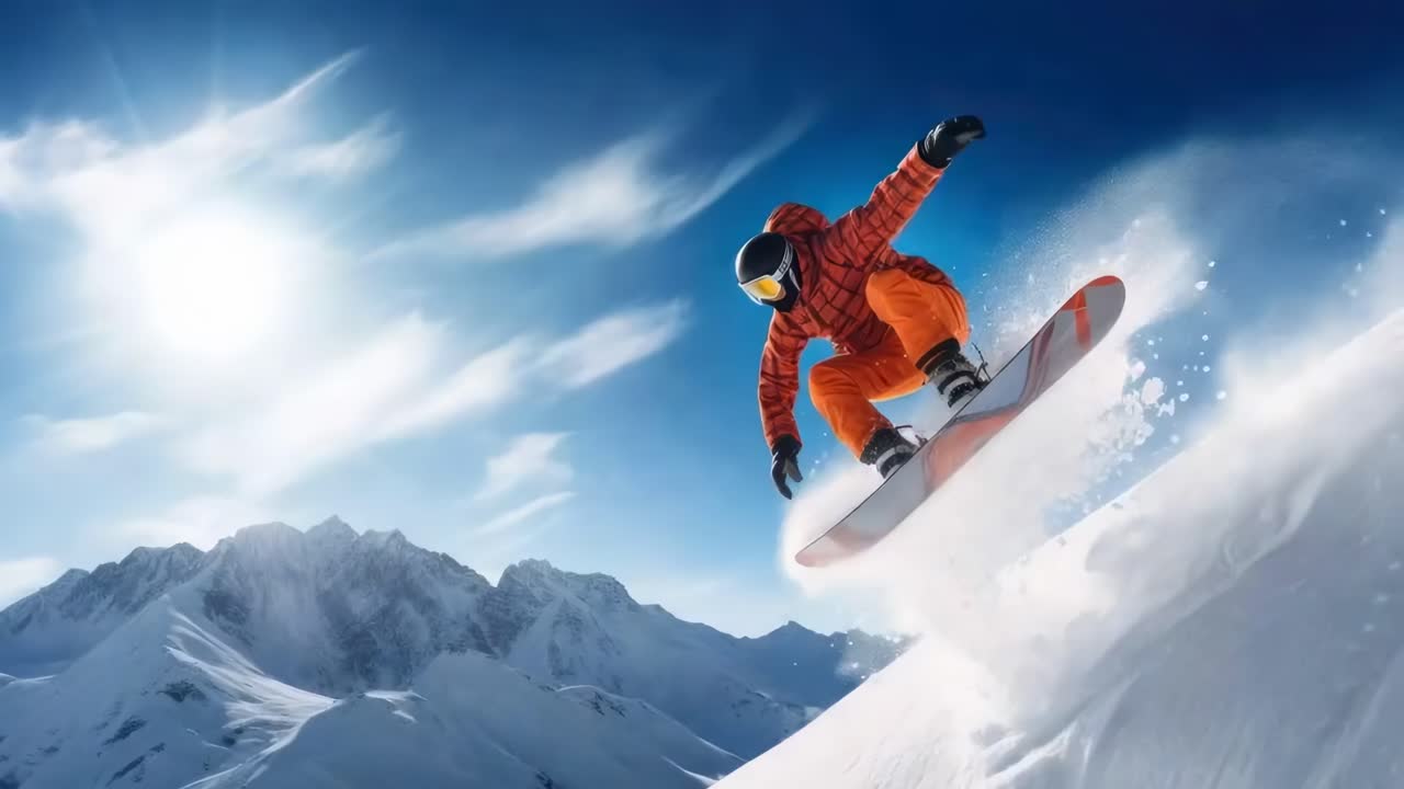 Dynamic video concept of a snowboarder mid-air, captured from a low angle