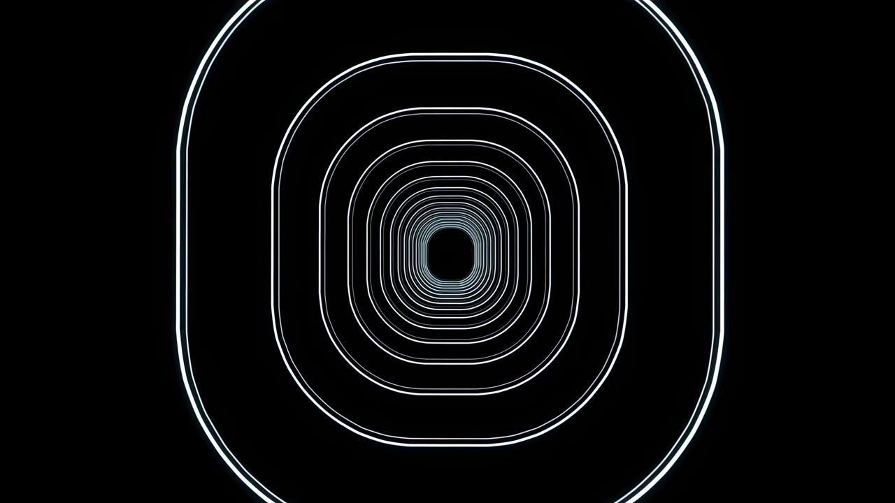 Tunnel geometrico centrato fatto di contorni rettangolari arrotondati luminosi che si ritirano in uno sfondo nero, creando simmetria, profondità, movimento e un effetto elegante.