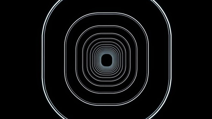 Túnel geométrico centralizado feito de contornos retangulares arredondados e brilhantes recuando em um fundo preto, criando simetria, profundidade, movimento e um estilo elegante.