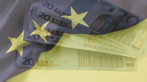 Animación-De-La-Bandera-De-La-Unión-Europea,-Euros-Y-Procesamiento-De-Datos-Financieros