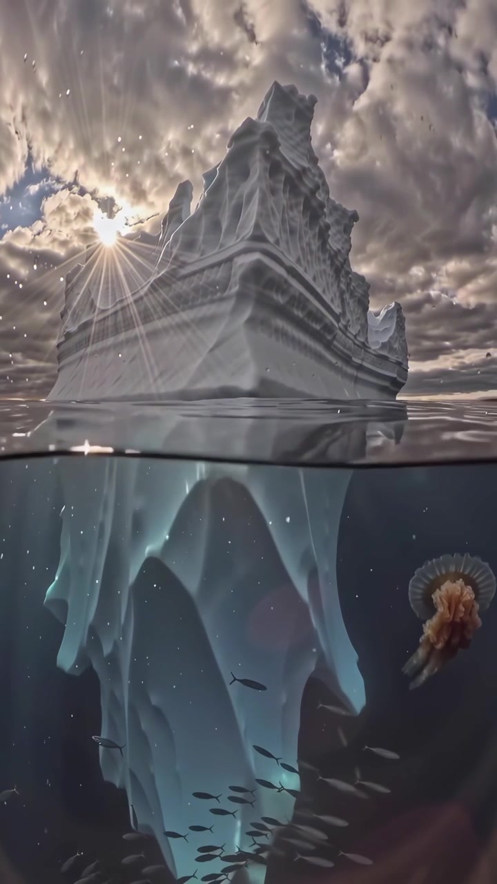Majestic Iceberg Split View with Underwater Marine Life and Sun Rays