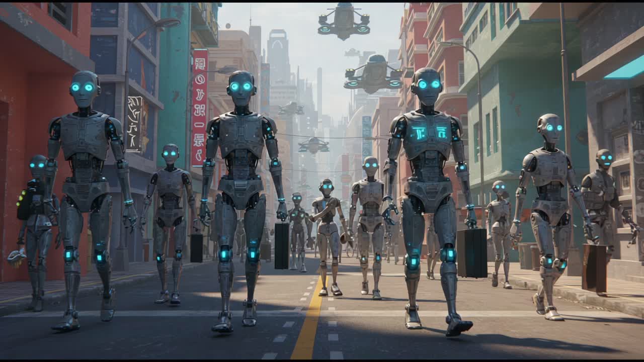 A Futuristic Assembly of Robots Marching Through a High-Tech Urban Landscape with Hovering Drones and Neon Lights, Showcasing Advancements in Robotics and Automation