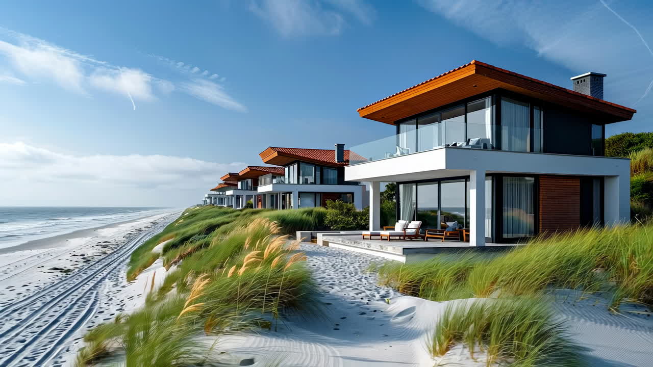 Sunny beachside coastal homes. Luxury homes line the shoreline, with soft sand and gentle waves creating a serene coastal scene on a clear day