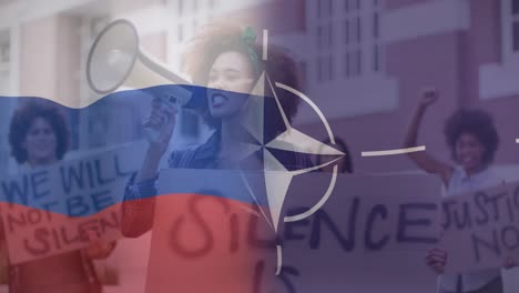 animación de la bandera de rusia y la otan sobre una manifestante biracial