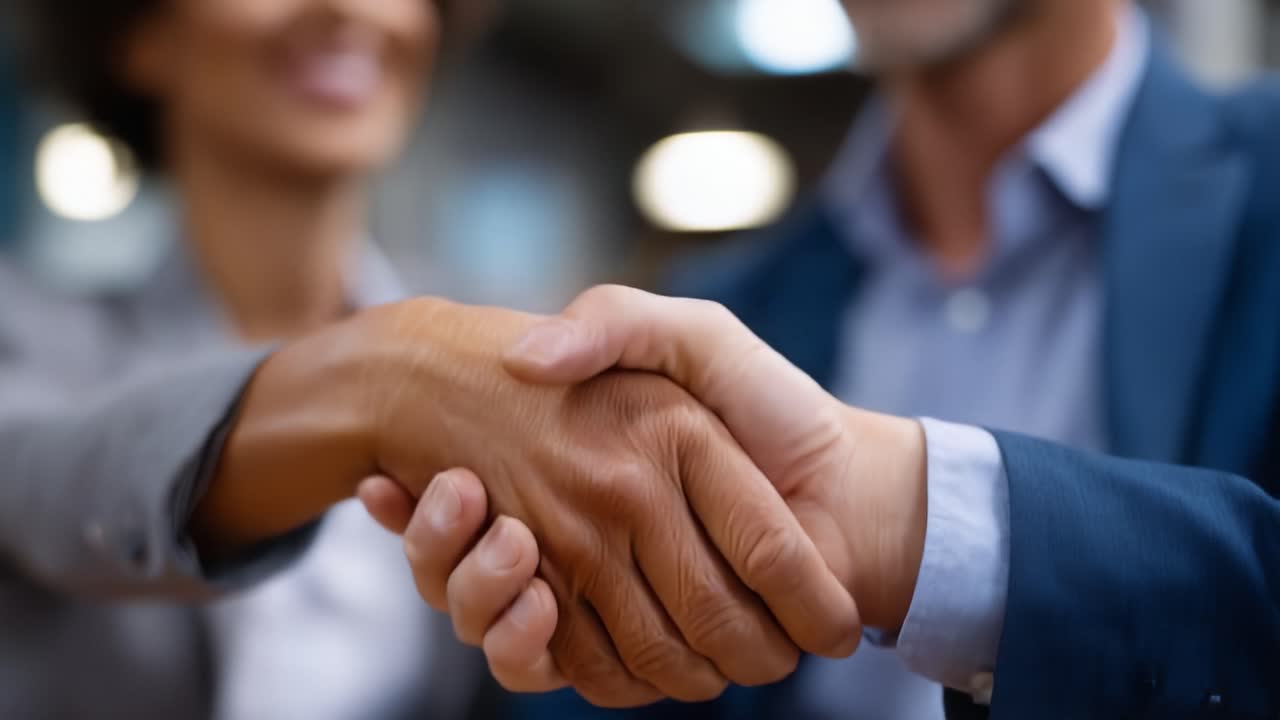 Professional handshake between two individuals, symbolizing agreement, partnership, and collaboration in a business setting with a focus on trust and mutual respect