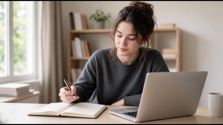 Ung kvinde skriver i notesbog, mens hun arbejder på bærbar computer