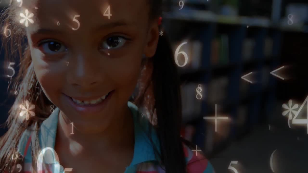 Mathematical symbols and numbers over child.