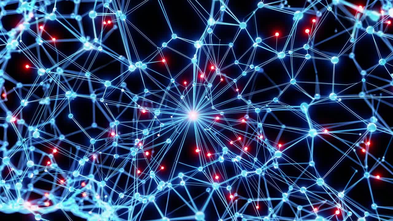 A digital rendering of a neural network in a brain, viewed from a side angle