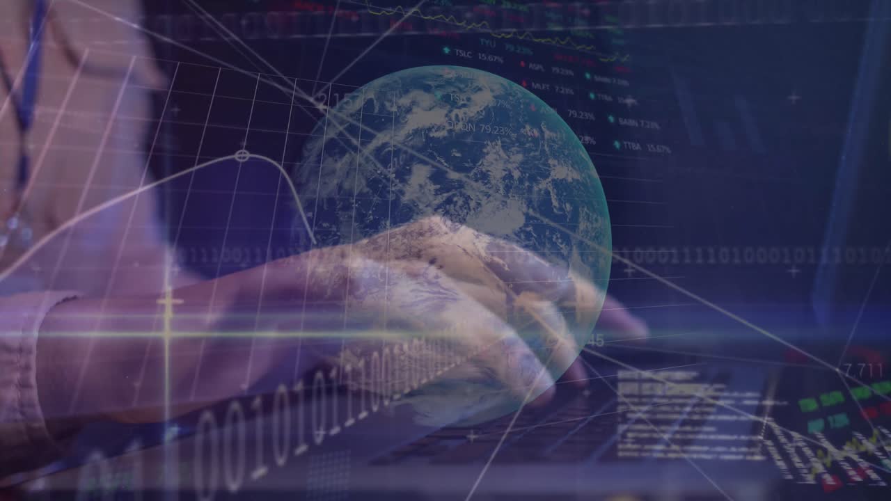 Animation of data over caucasian female if technician using computer
