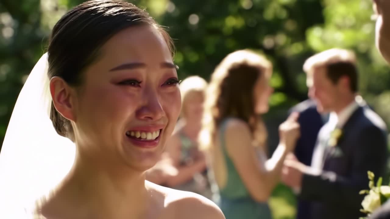Emotional Wedding Moment Captured: A Bride's Tearful Expression of Joy and Love Amidst a Celebration of Togetherness and Happiness