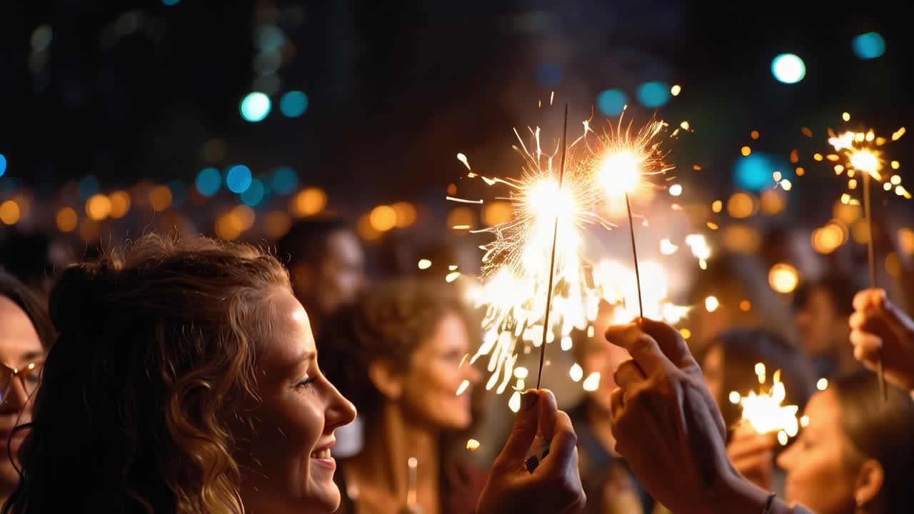 Uma Celebração de Luz: Pessoas segurando estrelinhas em uma multidão alegre durante um festival noturno, criando juntas uma atmosfera mágica e memorável.