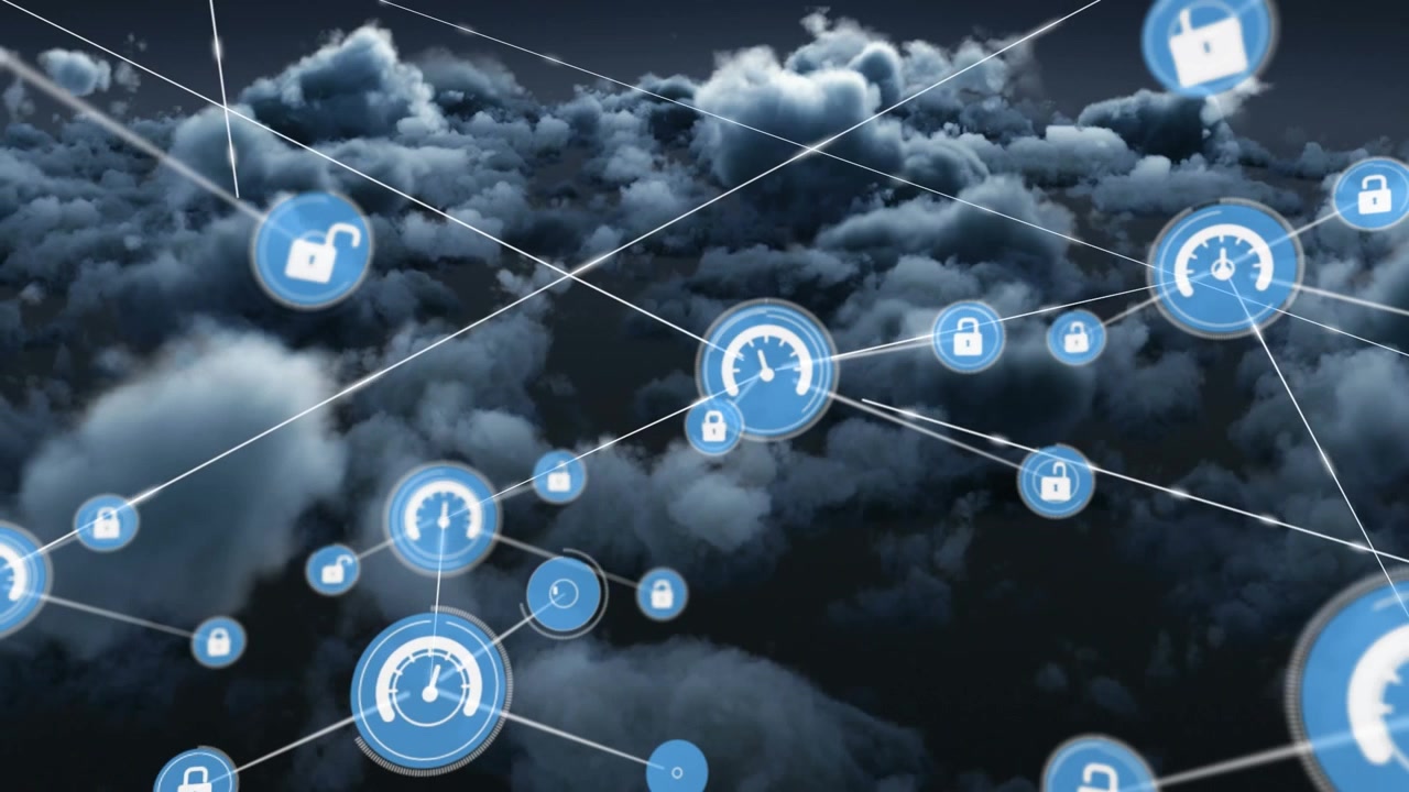 Animation of network of media icons exchanging data over grey cloudy sky