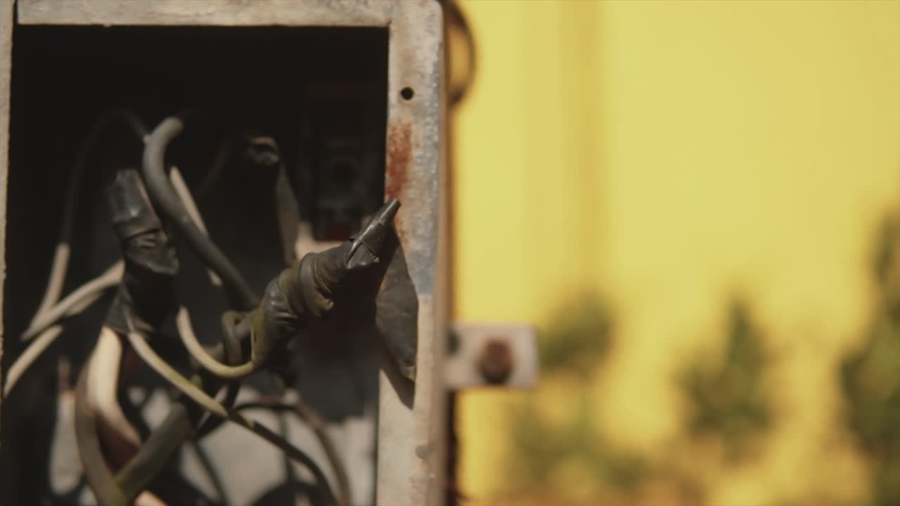 테이핑된 전선과 케이블이 있는 실외 전기 상자 닫기