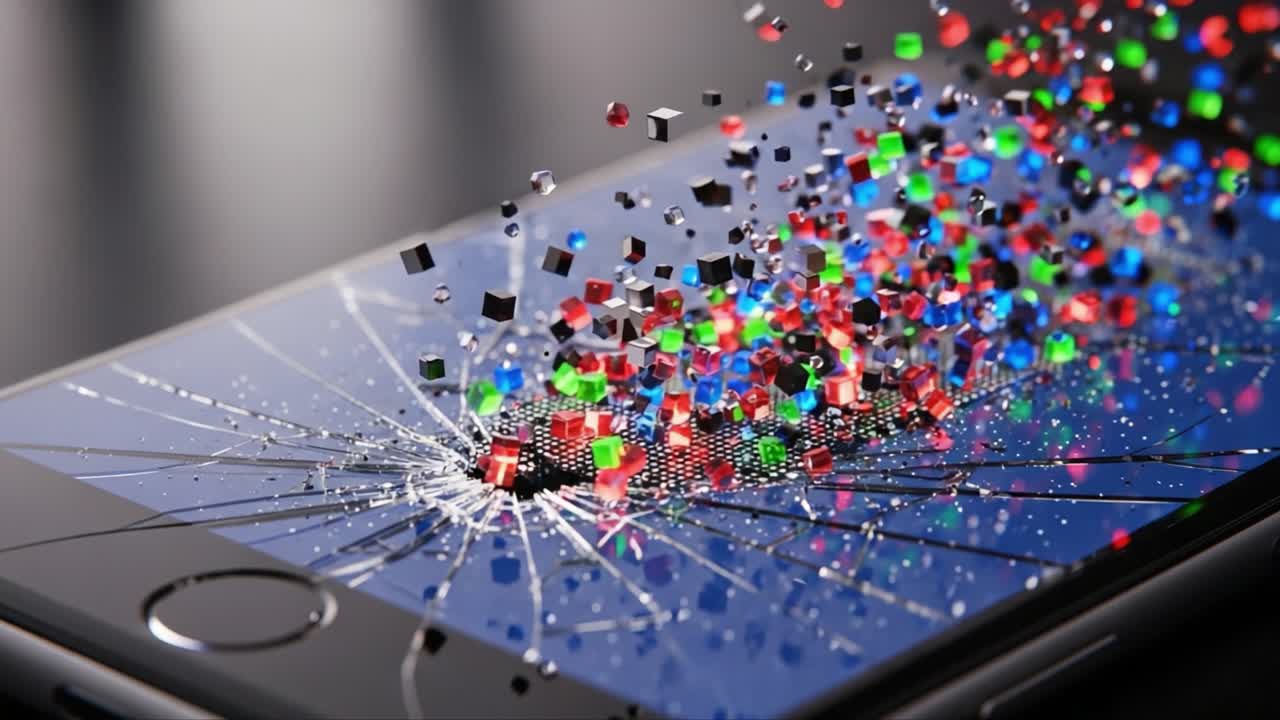 A Stunning Visualization of Digital Transformation: The Shattering Screen of a Smartphone Surrounded by Colorful Particles Evoking a Sense of Breakage and Reconstruction