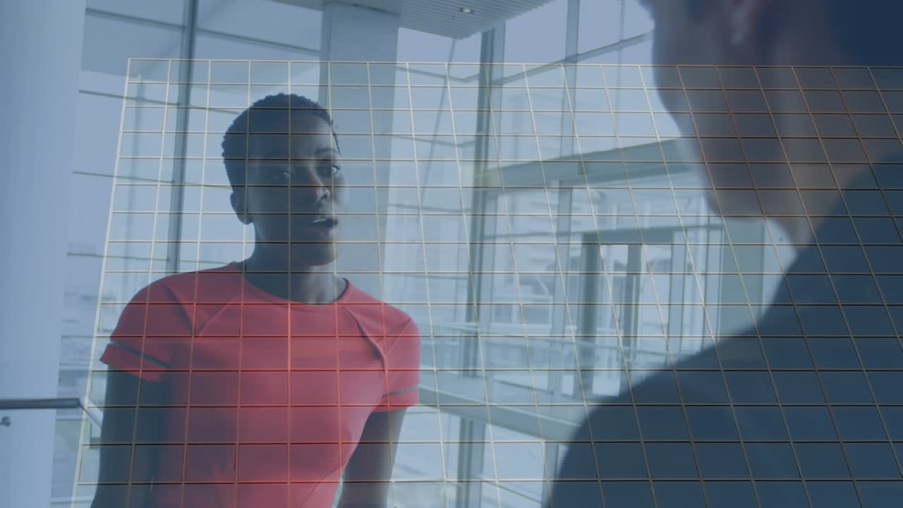 animación de un edificio de oficinas sobre personas de negocios hablando en una oficina moderna