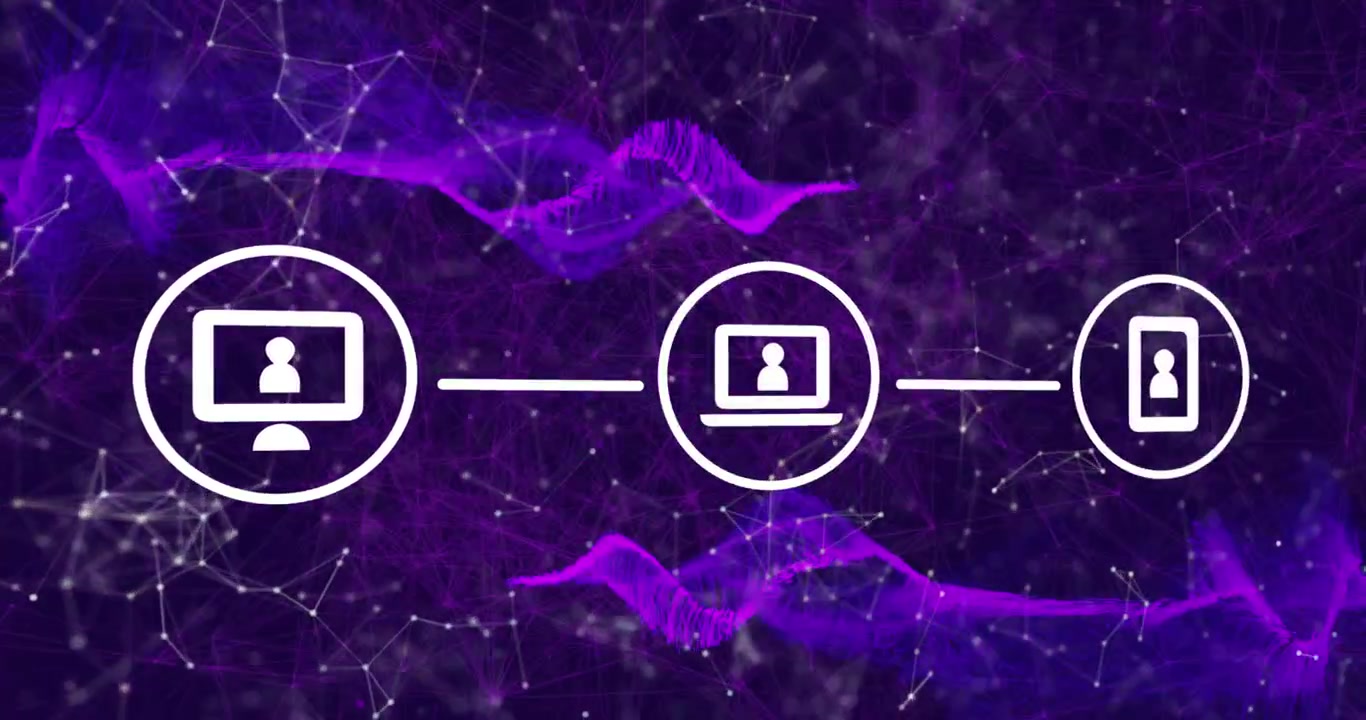 Animation of icons, data processing and network of connections