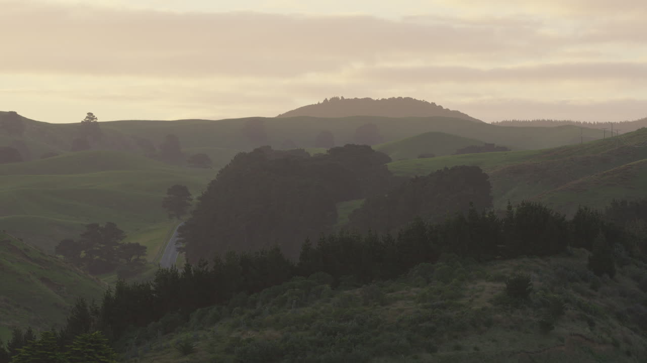 Spectacular scenery at sunset of New Zealand's farmland in the Wairarapa