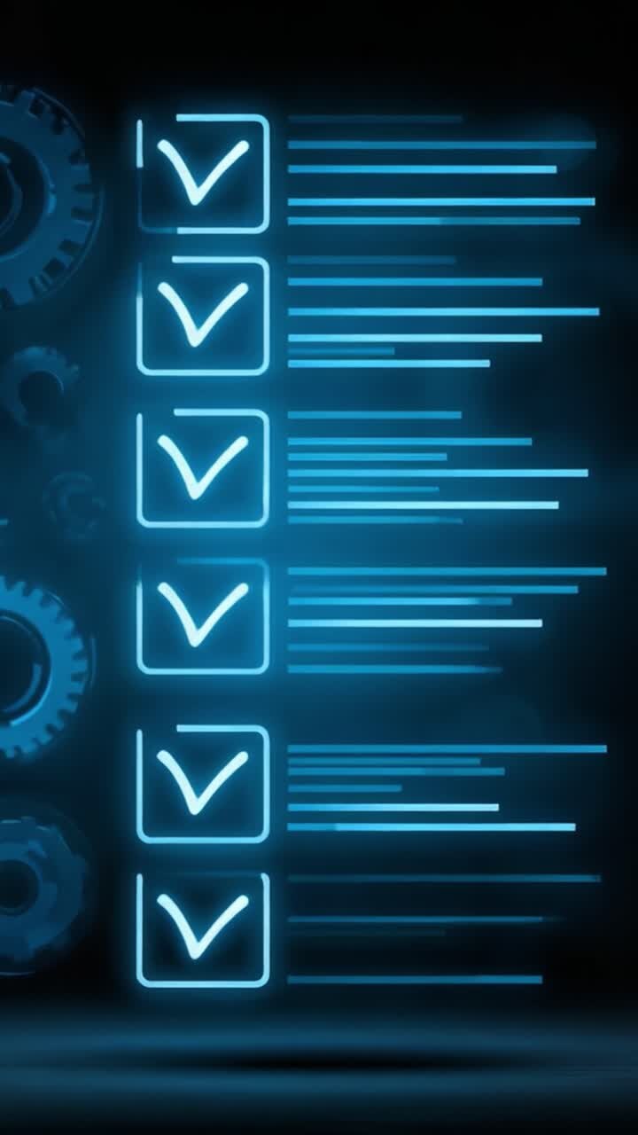 Dashboard dinamica che mostra lo stato di completamento con segni di spunta e grafici a ingranaggi, rappresentando l'avanzamento delle attività e l'efficienza del flusso di lavoro in un'interfaccia moderna
