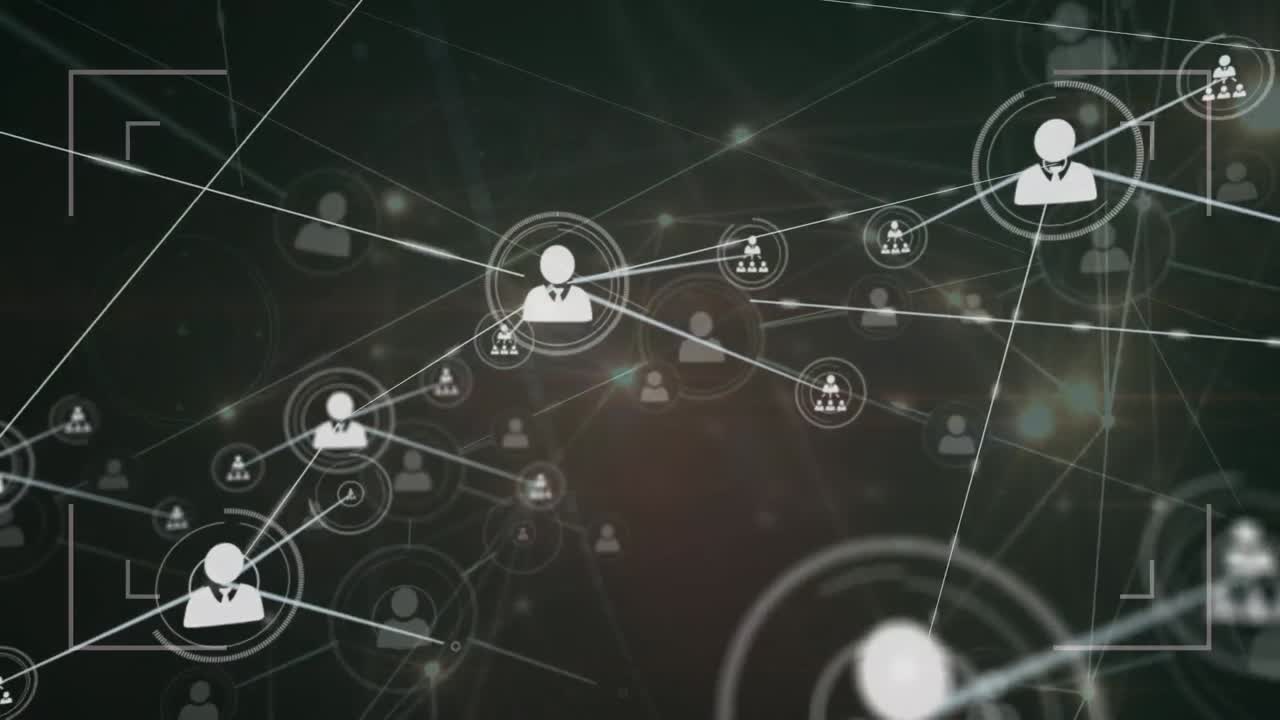 Animation of network of connections with icons and light trails over black background