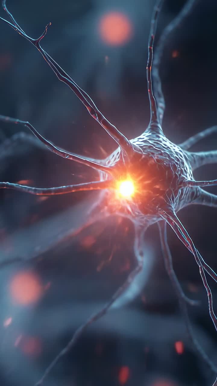Vertical video: Emitting initial spark, cell body sending electric pulses along dendrites in matrix
