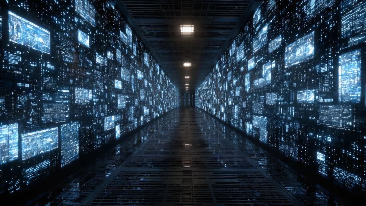 A Futuristic Corridor Themed with Glowing Screens in a High-Tech Environment, Showcasing a Seamless Visual Experience of Data Flow and Digital Interaction