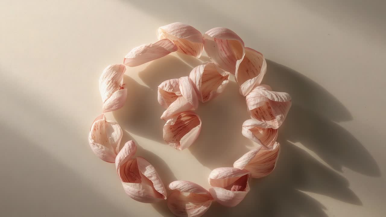 Lumière mouvante d’une fenêtre projetant des rayons sur un dessus couleur crème, illuminant une couronne de pétales roses avec un bouquet intérieur