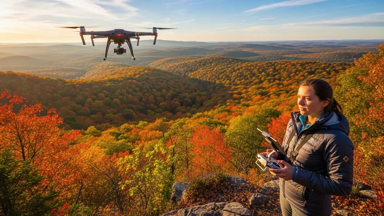 Aerial Exploration: A Woman Controls a Drone Over a Colorful Autumn Landscape at Sunset, Combining Technology with Nature's Beauty