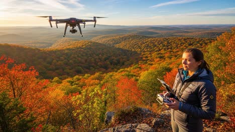 aerial exploration: a woman controls a drone over a colorful autumn landscape at sunset, combining technology with nature's beauty