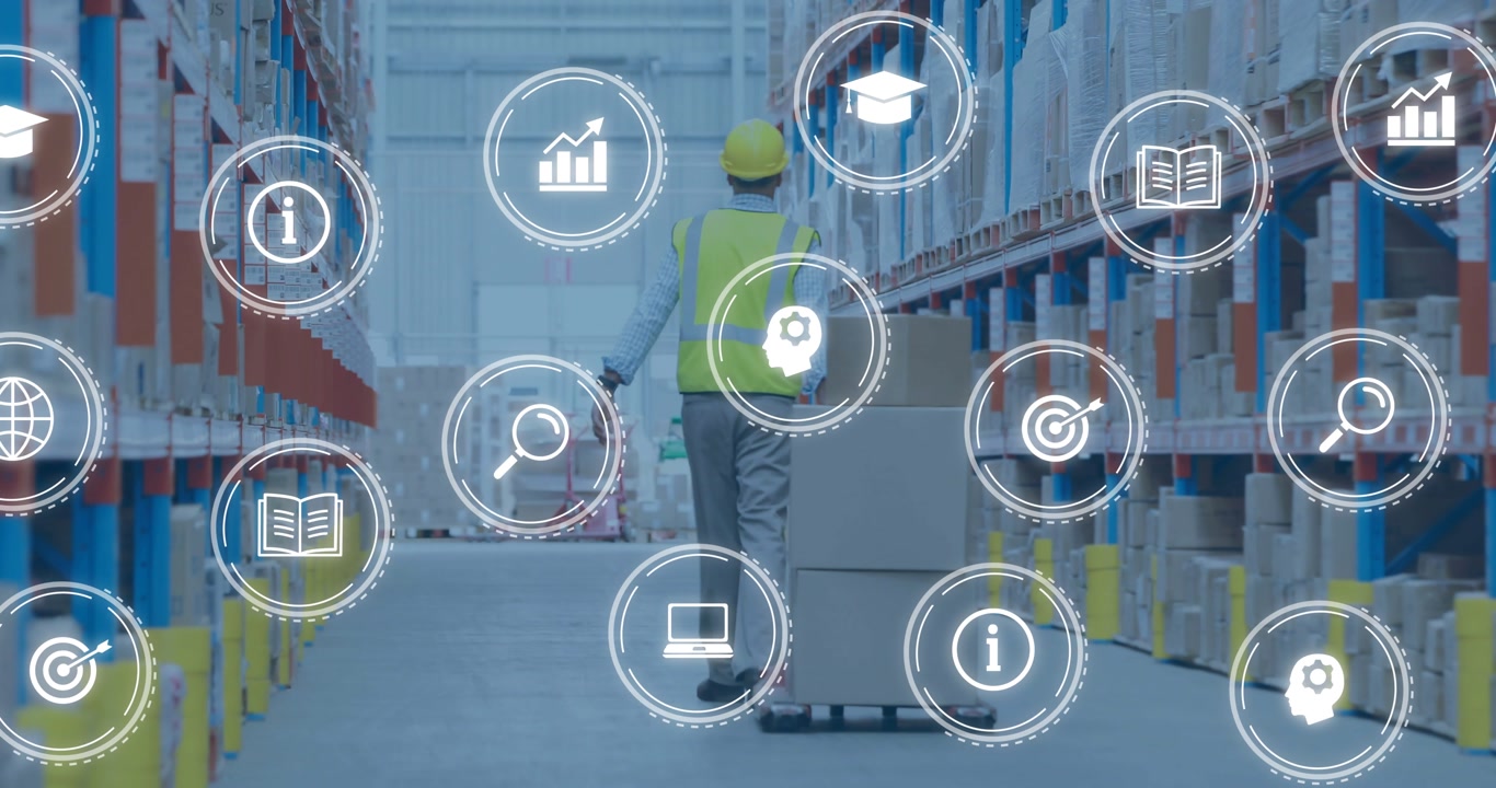 Worker pushing pallet jack down aisle, starting animated logistics icons forming grid for tracking