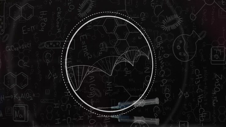 Animazione di un filamento di DNA che ruota su dati e disegni di chimica.
