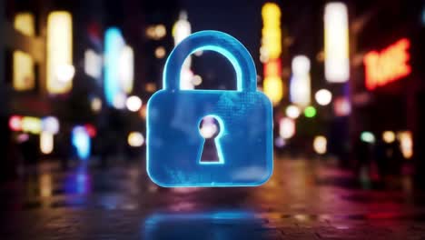 digital lock in a night cityscape