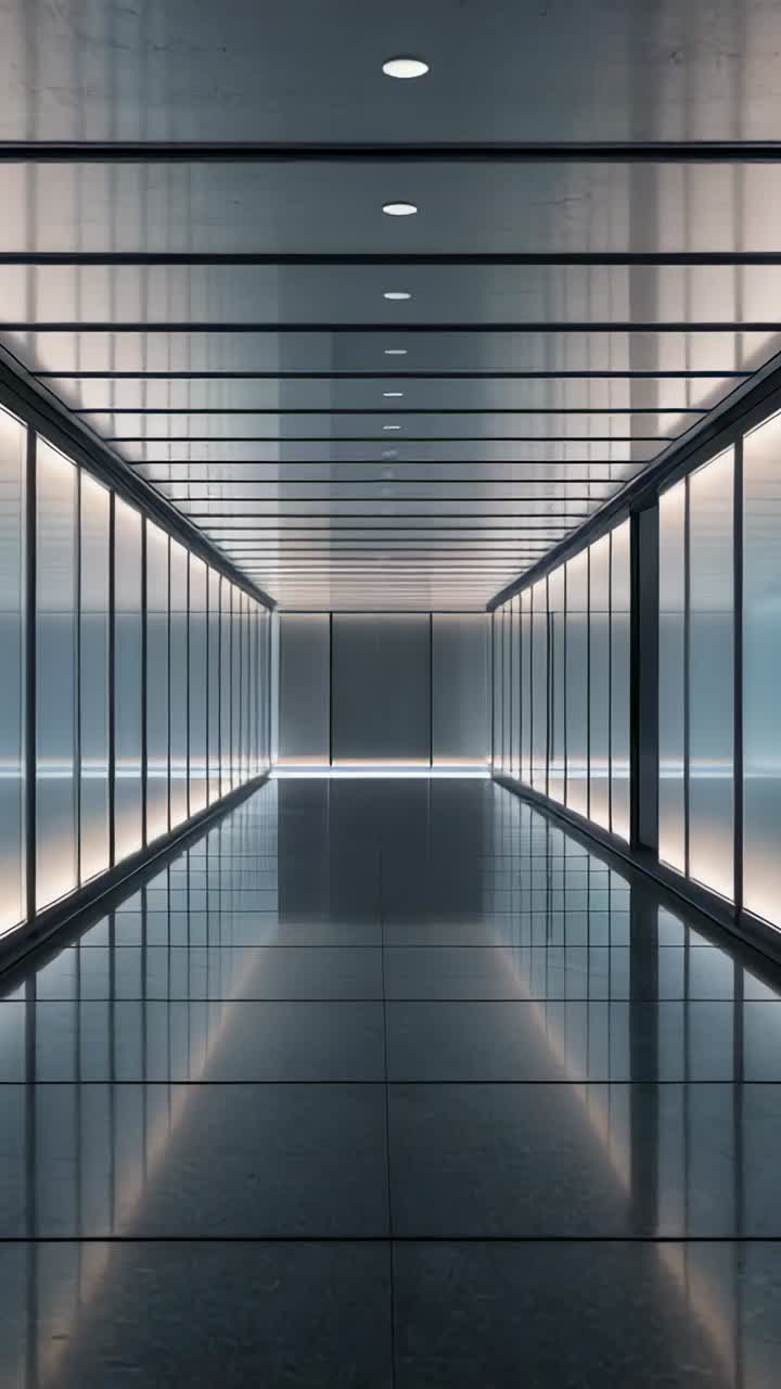 Vídeo vertical: cámara en movimiento que avanza en un puente aéreo de una oficina mostrando la base LED y los reflejos