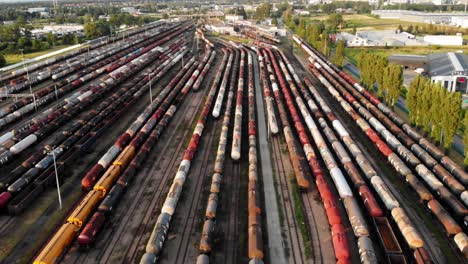 Toma-Aérea-Que-Muestra-Un-Gran-Depósito-De-Trenes-Con-Muchos-Trenes-De-Carga-Coloridos