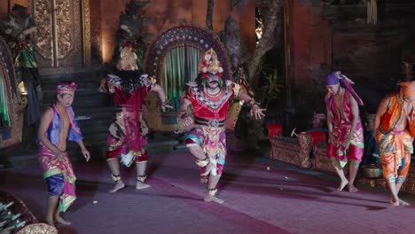 King Rahwana Acting Dancing During Legong and Ramayana Traditional Theater Dance Performance at Night in Ubud Palace, Bali - slow motion