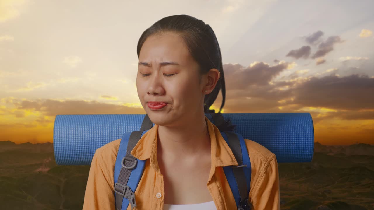 해가 지는 동안 실망한 여행자