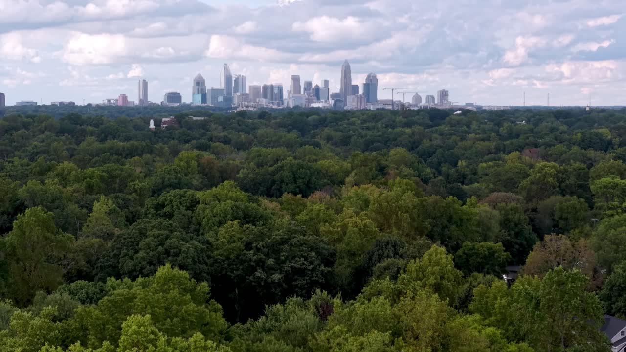 나뭇가지 높이에서 샬럿 노스캐롤라이나, 멀리 보이는 노스캐롤라이나 스카이라인으로 천천히 항공 푸쉬인해요