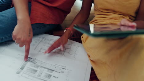 Home,-blueprint-and-couple-with-a-tablet